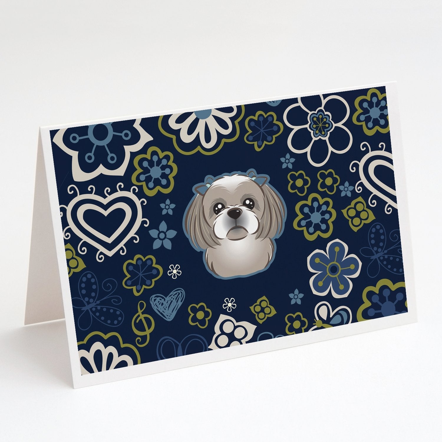 Blue Flowers Gray Silver Shih Tzu Greeting Cards Pack of 8 Blank Cards with Envelopes Whimsical A7 Size 5x7