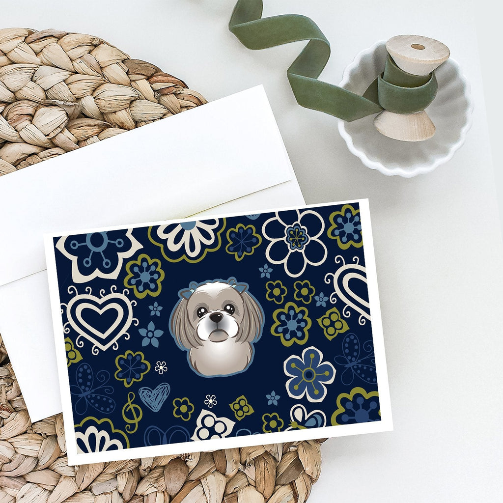 Blue Flowers Gray Silver Shih Tzu Greeting Cards Pack of 8 Blank Cards with Envelopes Whimsical A7 Size 5x7