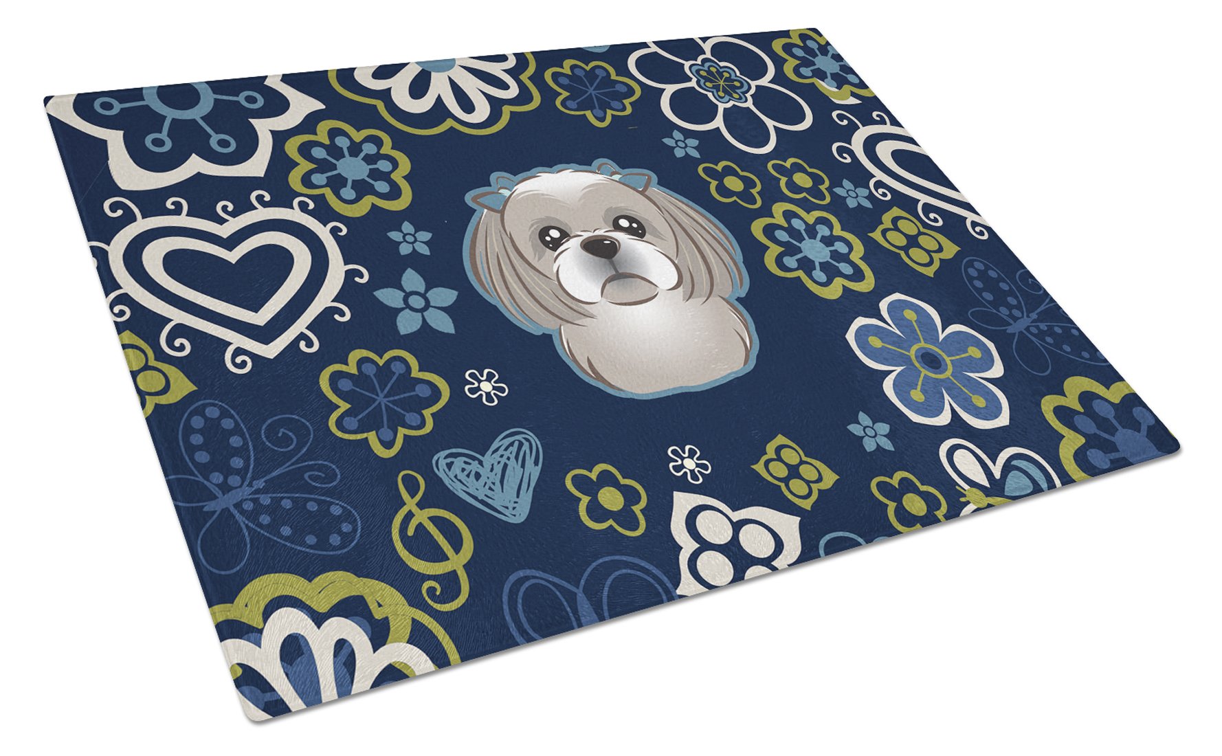 Blue Flowers Gray Silver Shih Tzu Cutting Board Tempered Glass Kitchen Cutting Surface, Heat Resistant Chopping, Non-Slip Feet, Food Prep & Serving