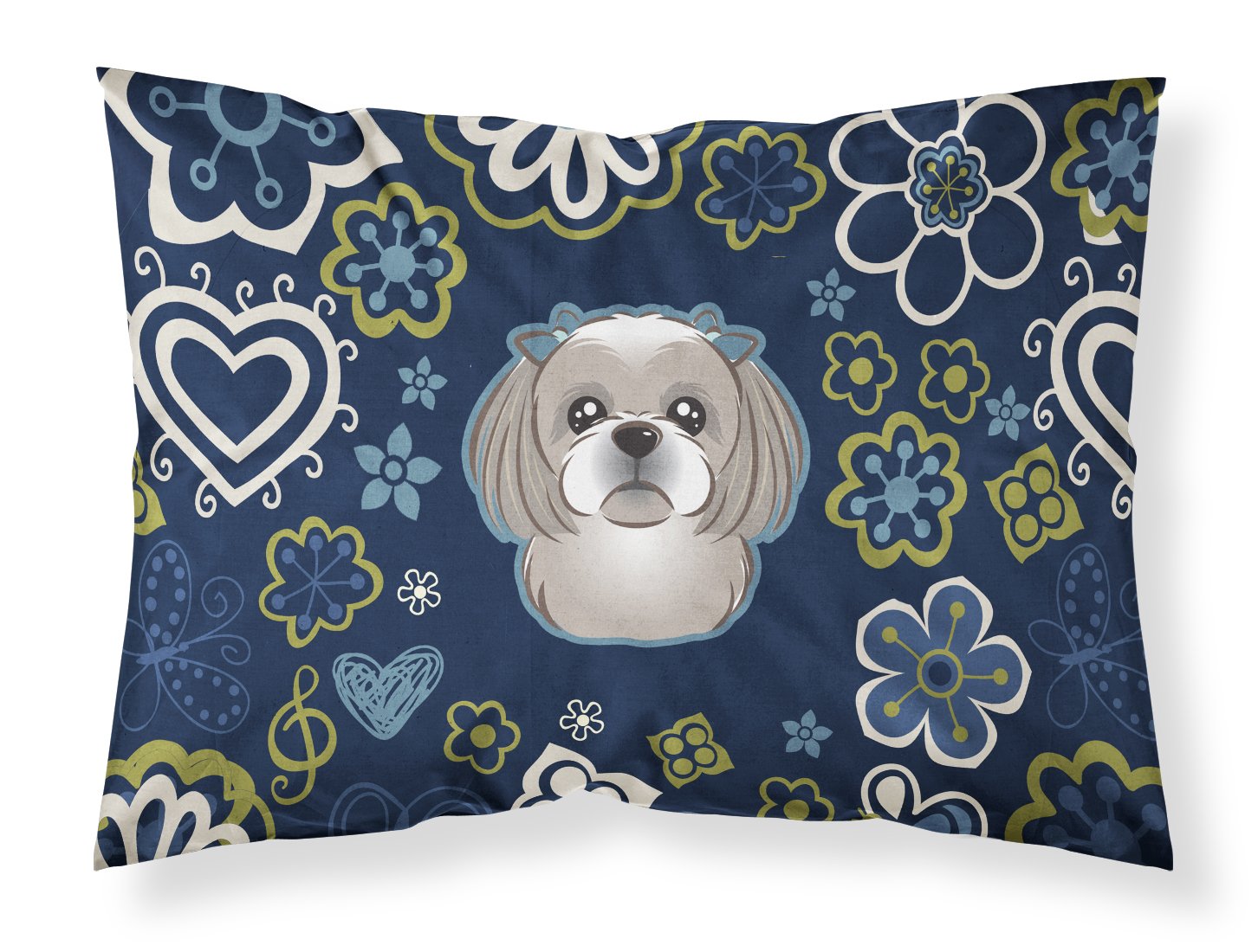 Blue Flowers Gray Silver Shih Tzu Standard Pillowcase Lightweight Super Soft Easy Care Decorative Artwork Pillowcase, Standard