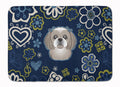 Blue Flowers Gray Silver Shih Tzu Memory Foam Kitchen Mat Machine Washable Anti-Fatigue Cushion Comfort Bath or Kitchen Rug