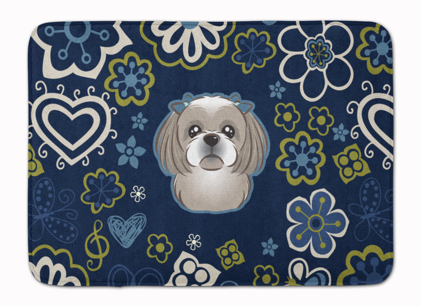 Blue Flowers Gray Silver Shih Tzu Memory Foam Kitchen Mat Machine Washable Anti-Fatigue Cushion Comfort Bath or Kitchen Rug