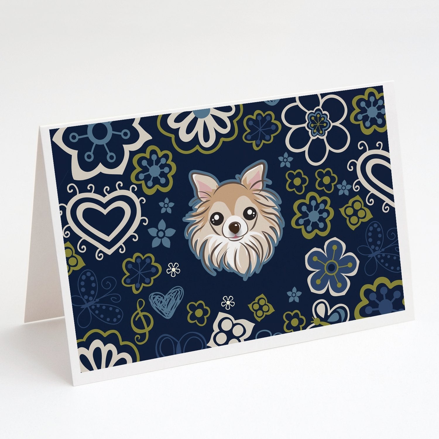 Blue Flowers Chihuahua Greeting Cards Pack of 8 Blank Cards with Envelopes Whimsical A7 Size 5x7