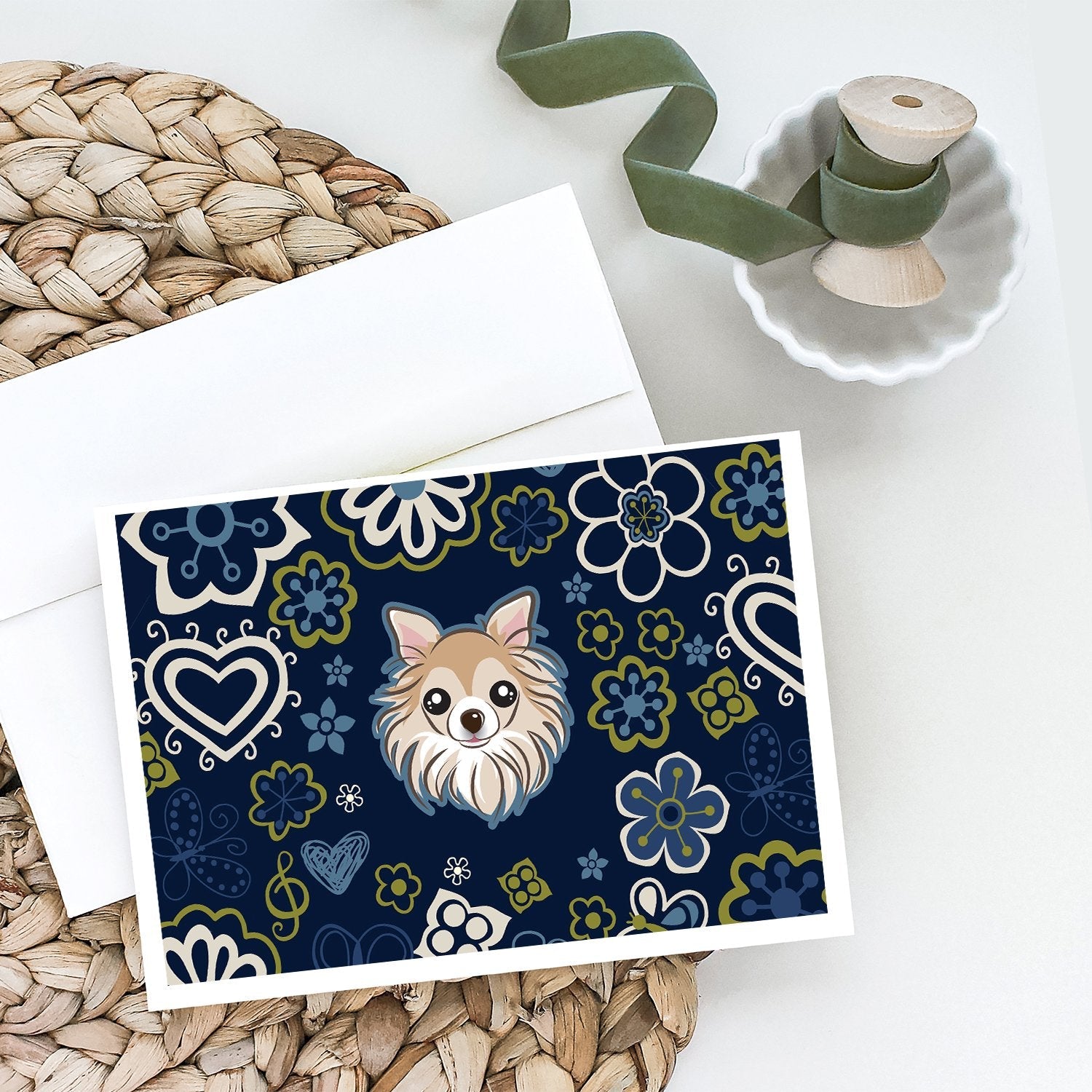 Blue Flowers Chihuahua Greeting Cards Pack of 8 Blank Cards with Envelopes Whimsical A7 Size 5x7