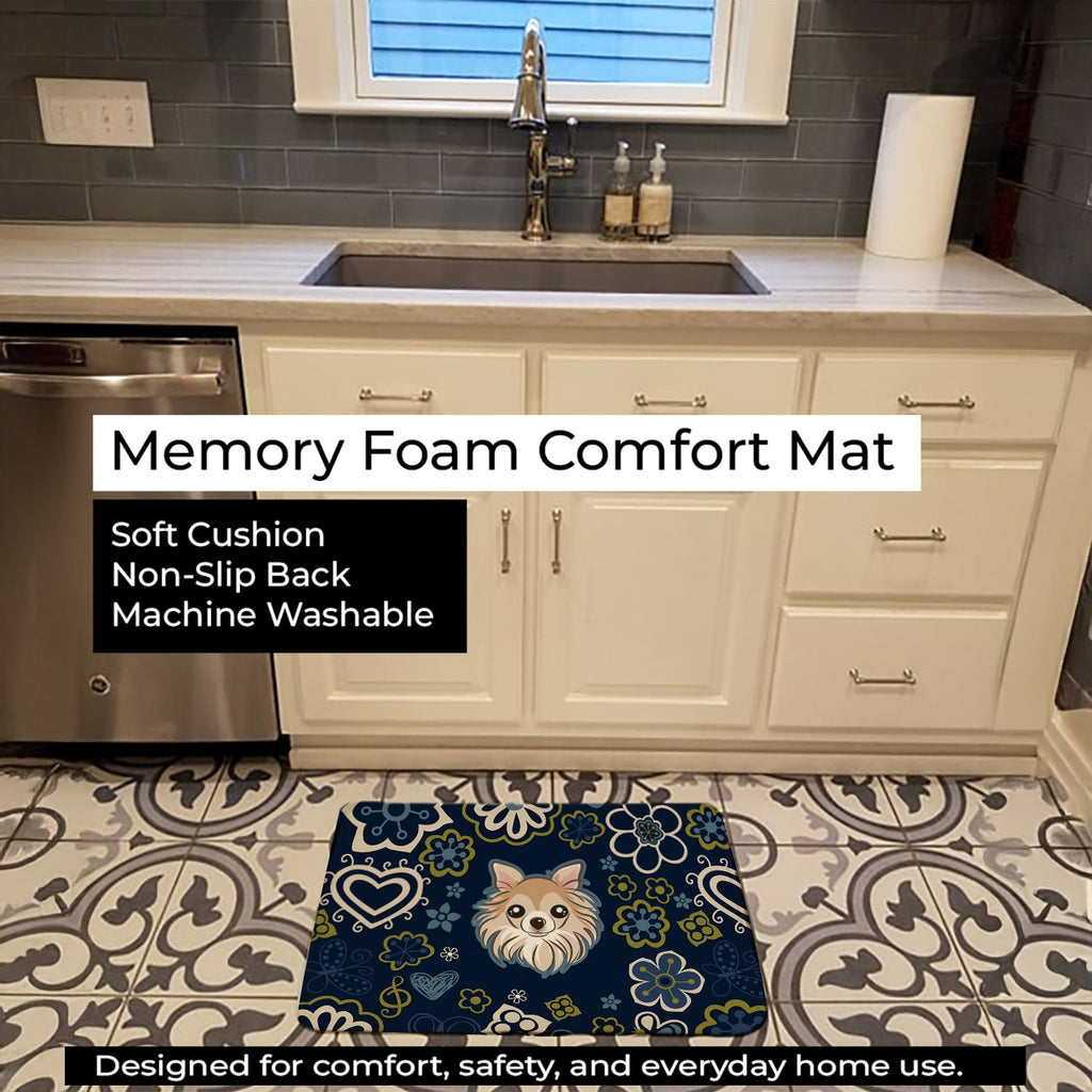 Blue Flowers Chihuahua Memory Foam Kitchen Mat Machine Washable Anti-Fatigue Cushion Comfort Bath or Kitchen Rug
