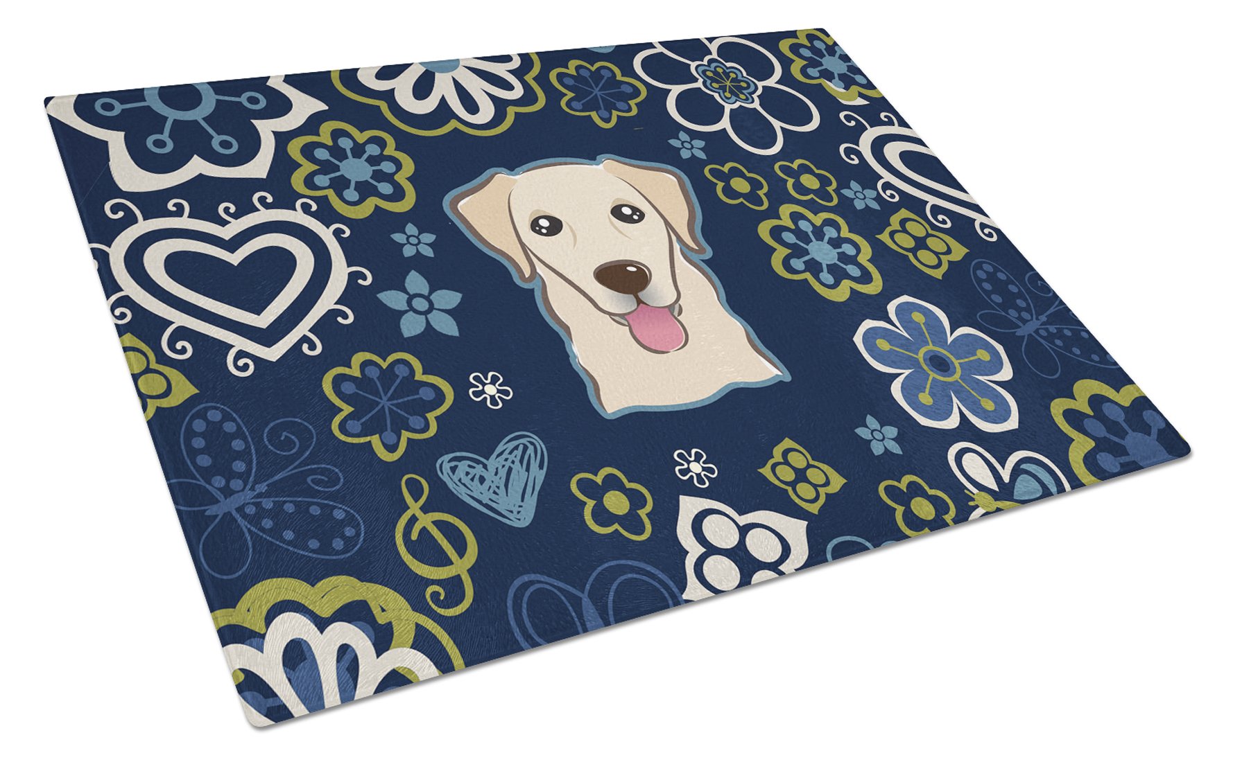 Blue Flowers Golden Retriever Cutting Board Tempered Glass Kitchen Cutting Surface, Heat Resistant Chopping, Non-Slip Feet, Food Prep & Serving