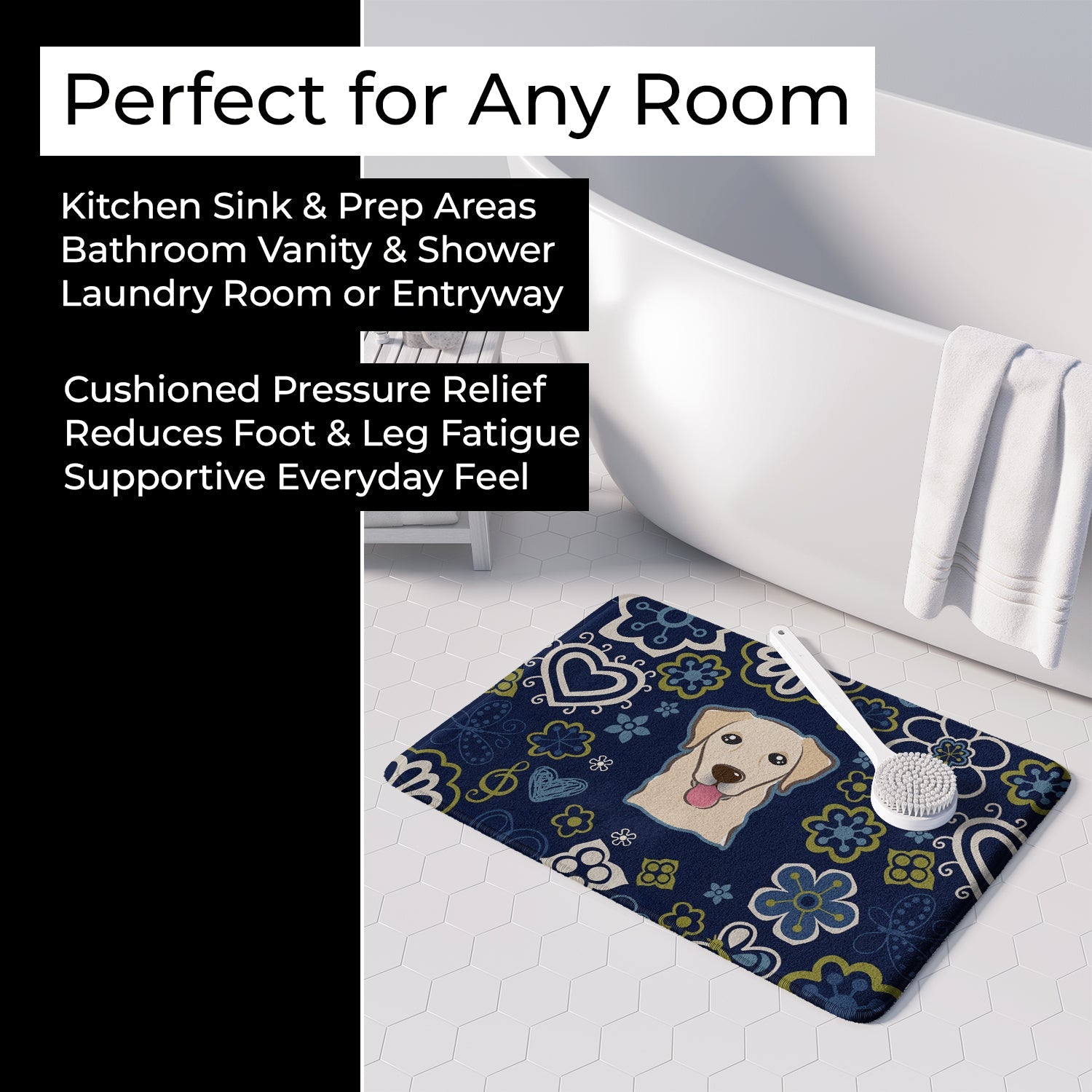 Blue Flowers Golden Retriever Memory Foam Kitchen Mat Machine Washable Anti-Fatigue Cushion Comfort Bath or Kitchen Rug