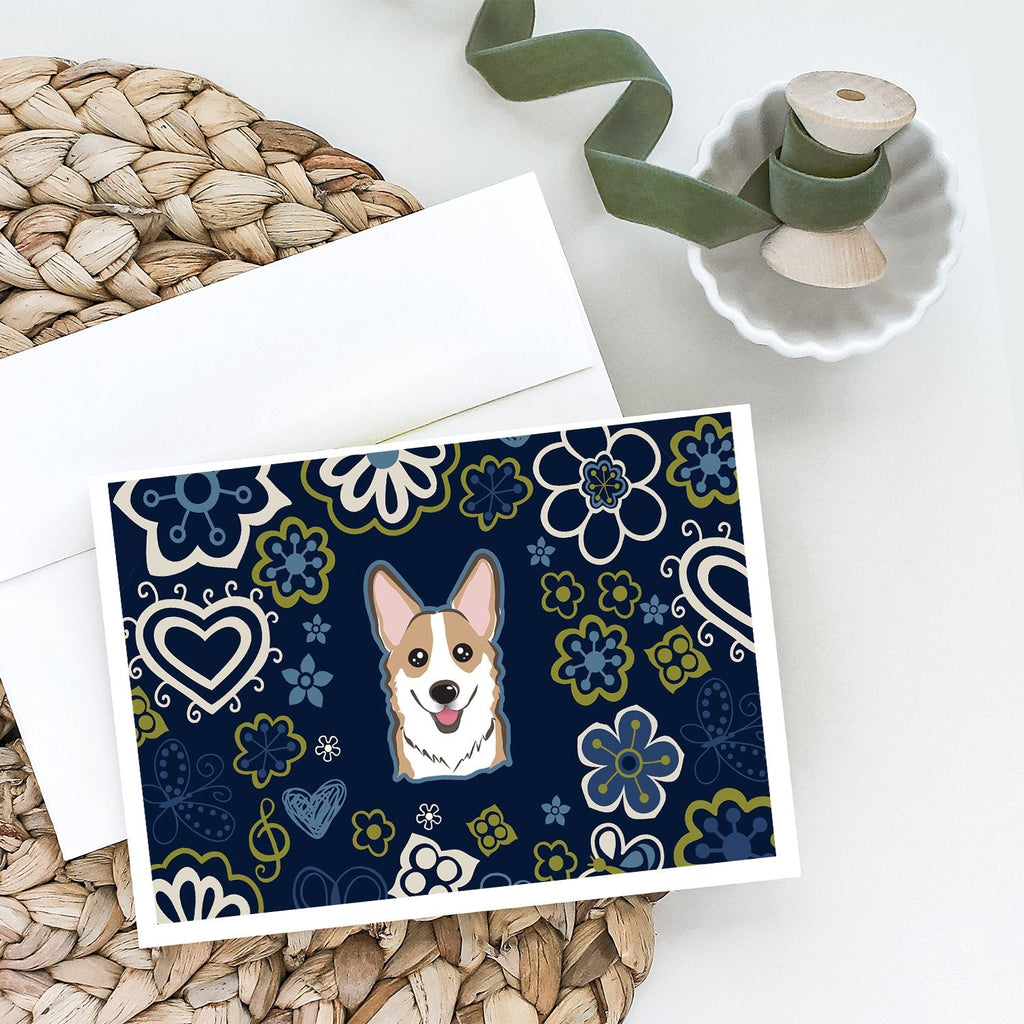 Blue Flowers Sable Corgi Greeting Cards Pack of 8 Blank Cards with Envelopes Whimsical A7 Size 5x7