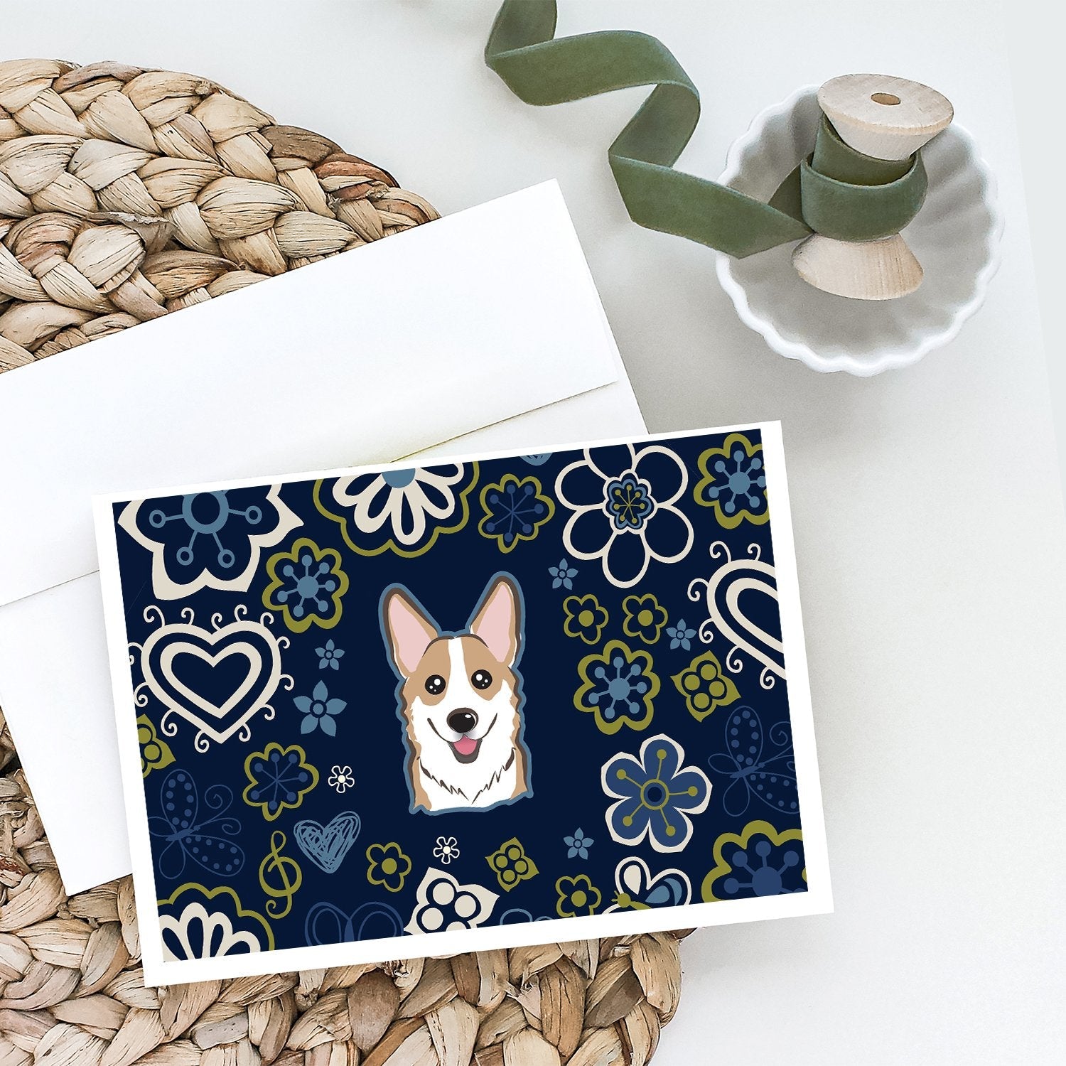 Blue Flowers Sable Corgi Greeting Cards Pack of 8 Blank Cards with Envelopes Whimsical A7 Size 5x7