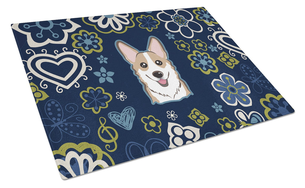 Blue Flowers Sable Corgi Cutting Board Tempered Glass Kitchen Cutting Surface, Heat Resistant Chopping, Non-Slip Feet, Food Prep & Serving