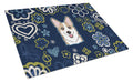 Blue Flowers Sable Corgi Cutting Board Tempered Glass Kitchen Cutting Surface, Heat Resistant Chopping, Non-Slip Feet, Food Prep & Serving