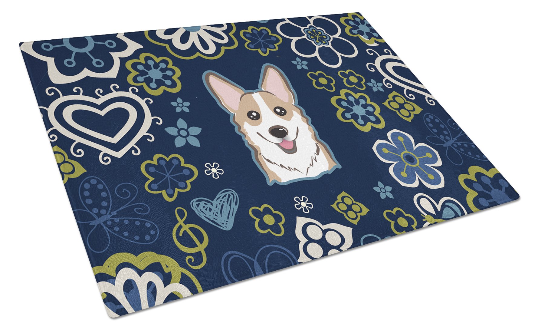 Blue Flowers Sable Corgi Cutting Board Tempered Glass Kitchen Cutting Surface, Heat Resistant Chopping, Non-Slip Feet, Food Prep & Serving