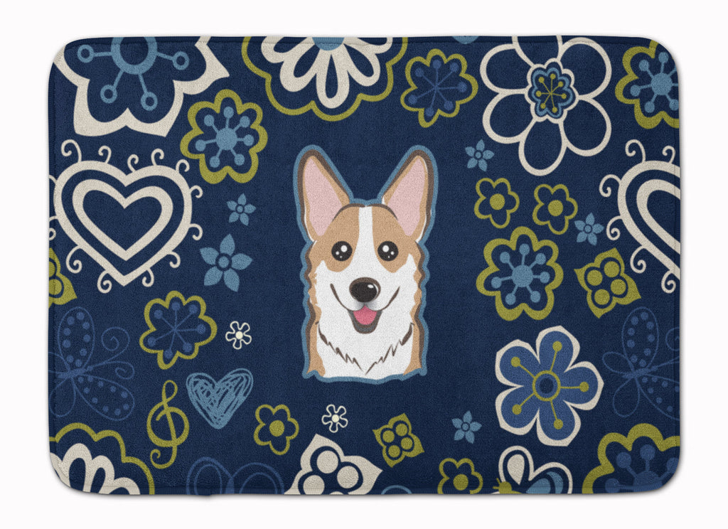 Blue Flowers Sable Corgi Memory Foam Kitchen Mat Machine Washable Anti-Fatigue Cushion Comfort Bath or Kitchen Rug