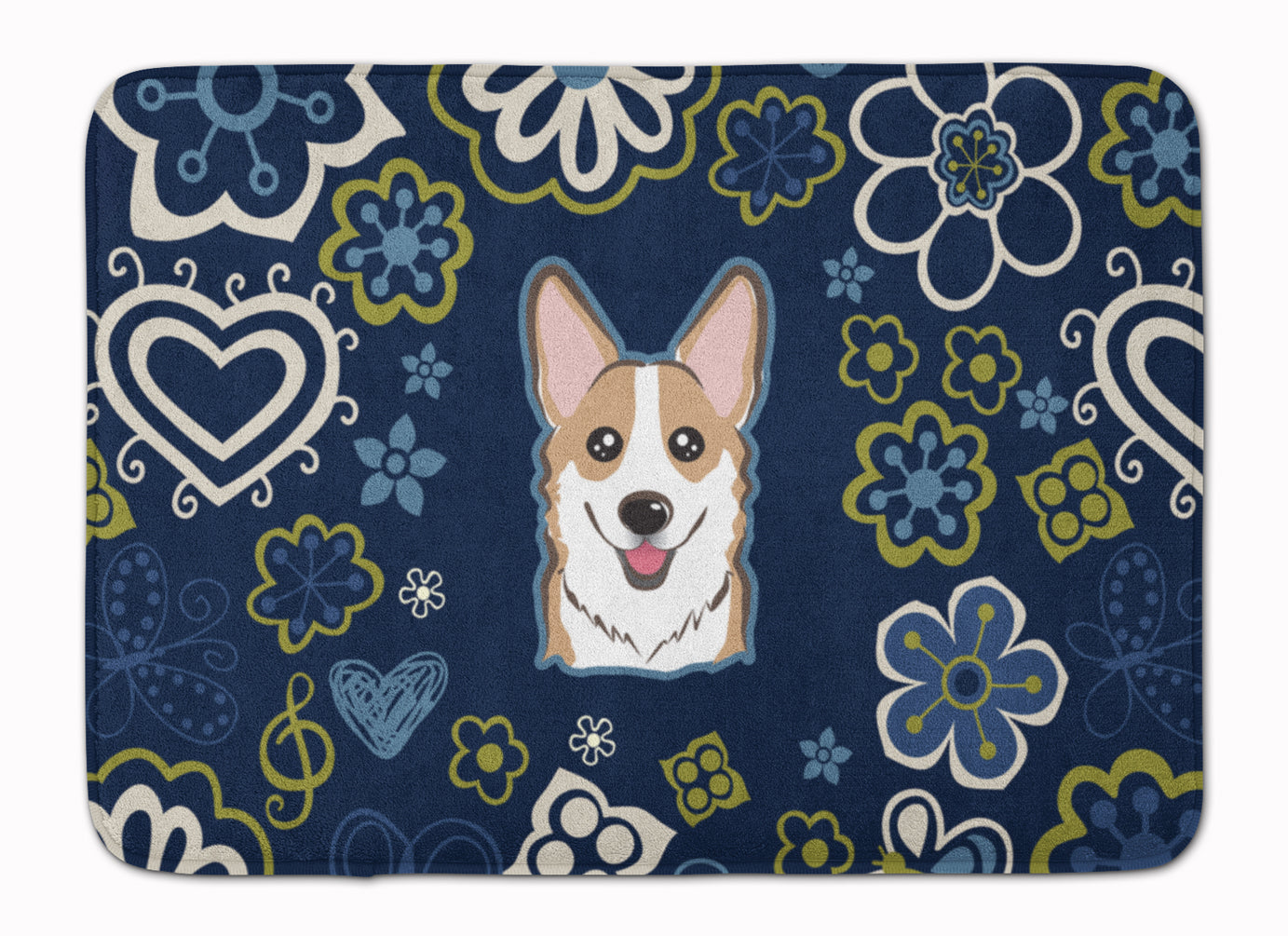 Blue Flowers Sable Corgi Memory Foam Kitchen Mat Machine Washable Anti-Fatigue Cushion Comfort Bath or Kitchen Rug