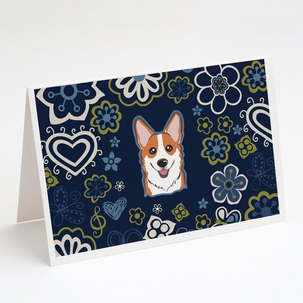 Blue Flowers Red Corgi Greeting Cards Pack of 8 Blank Cards with Envelopes Whimsical A7 Size 5x7