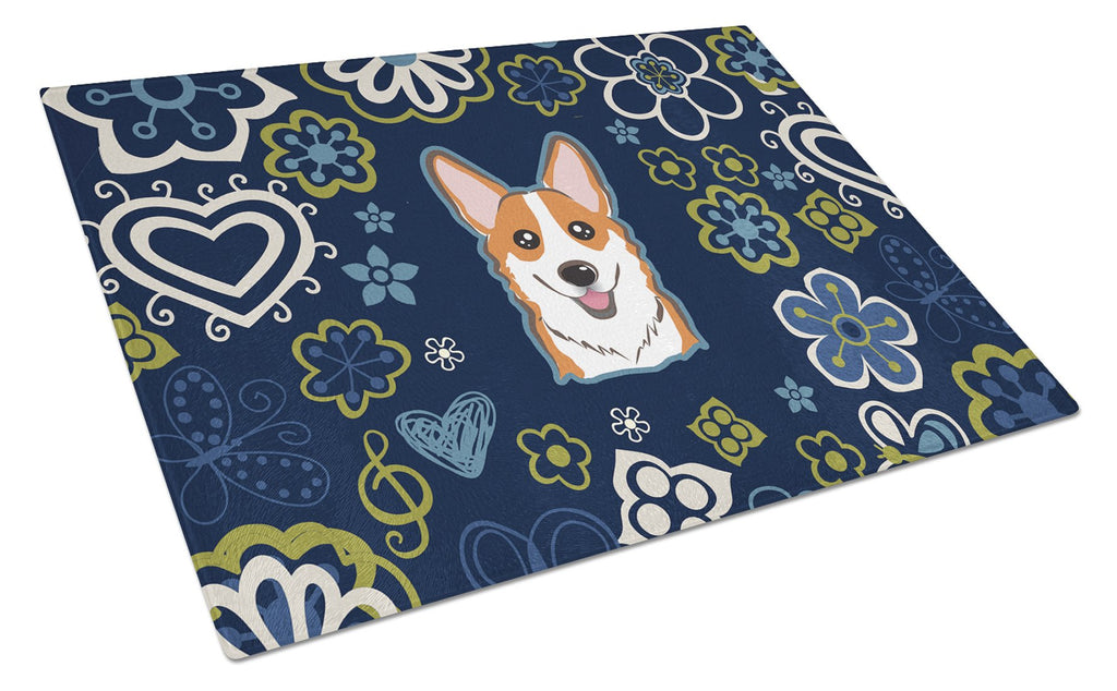 Blue Flowers Red Corgi Cutting Board Tempered Glass Kitchen Cutting Surface, Heat Resistant Chopping, Non-Slip Feet, Food Prep & Serving