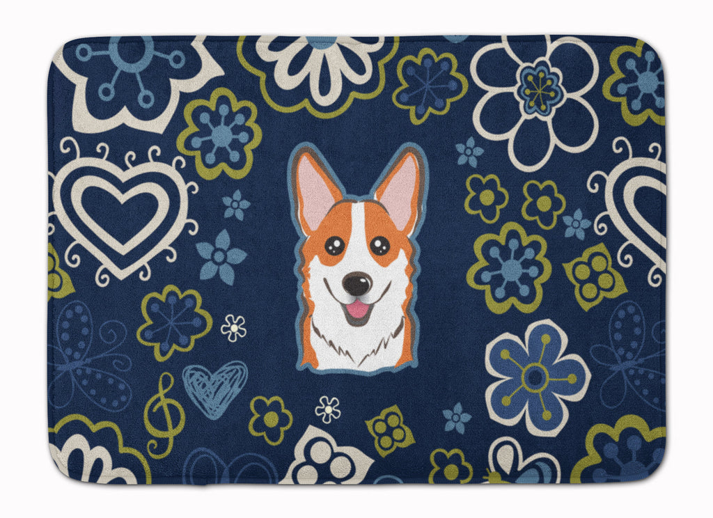 Blue Flowers Red Corgi Memory Foam Kitchen Mat Machine Washable Anti-Fatigue Cushion Comfort Bath or Kitchen Rug