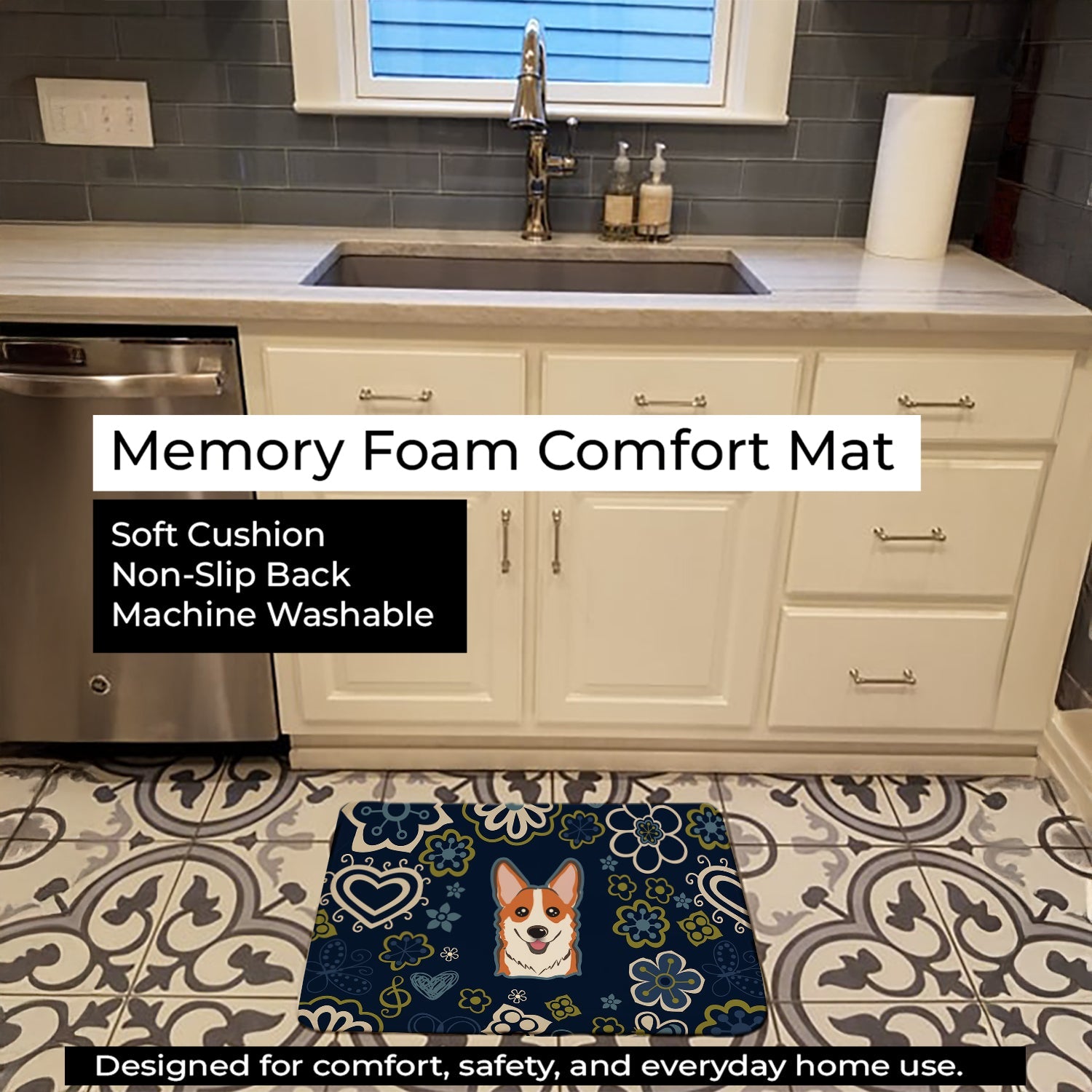 Blue Flowers Red Corgi Memory Foam Kitchen Mat Machine Washable Anti-Fatigue Cushion Comfort Bath or Kitchen Rug