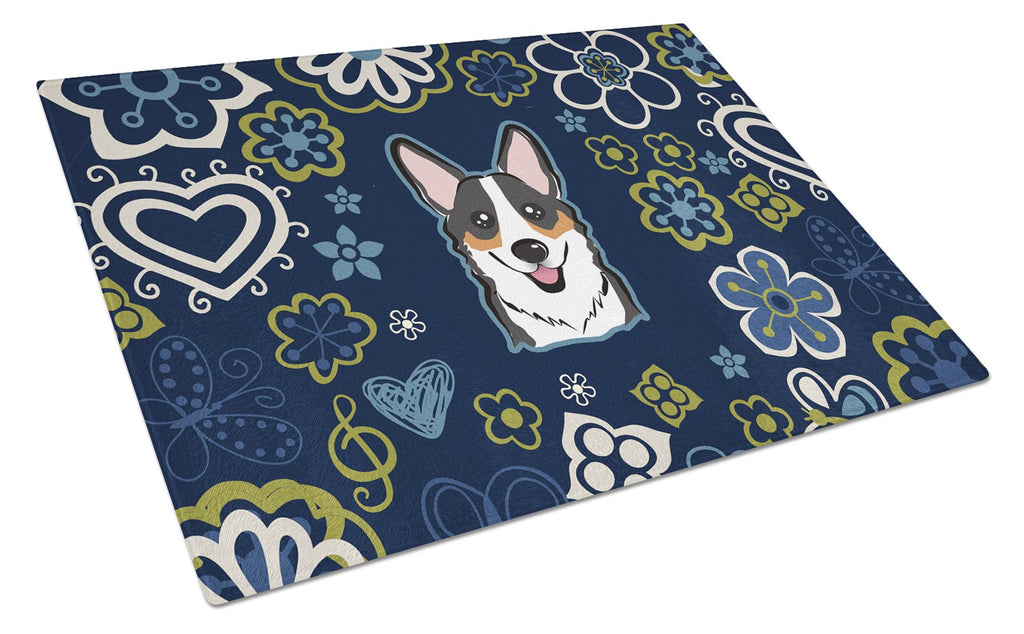 Blue Flowers Tricolor Corgi Cutting Board Tempered Glass Kitchen Cutting Surface, Heat Resistant Chopping, Non-Slip Feet, Food Prep & Serving