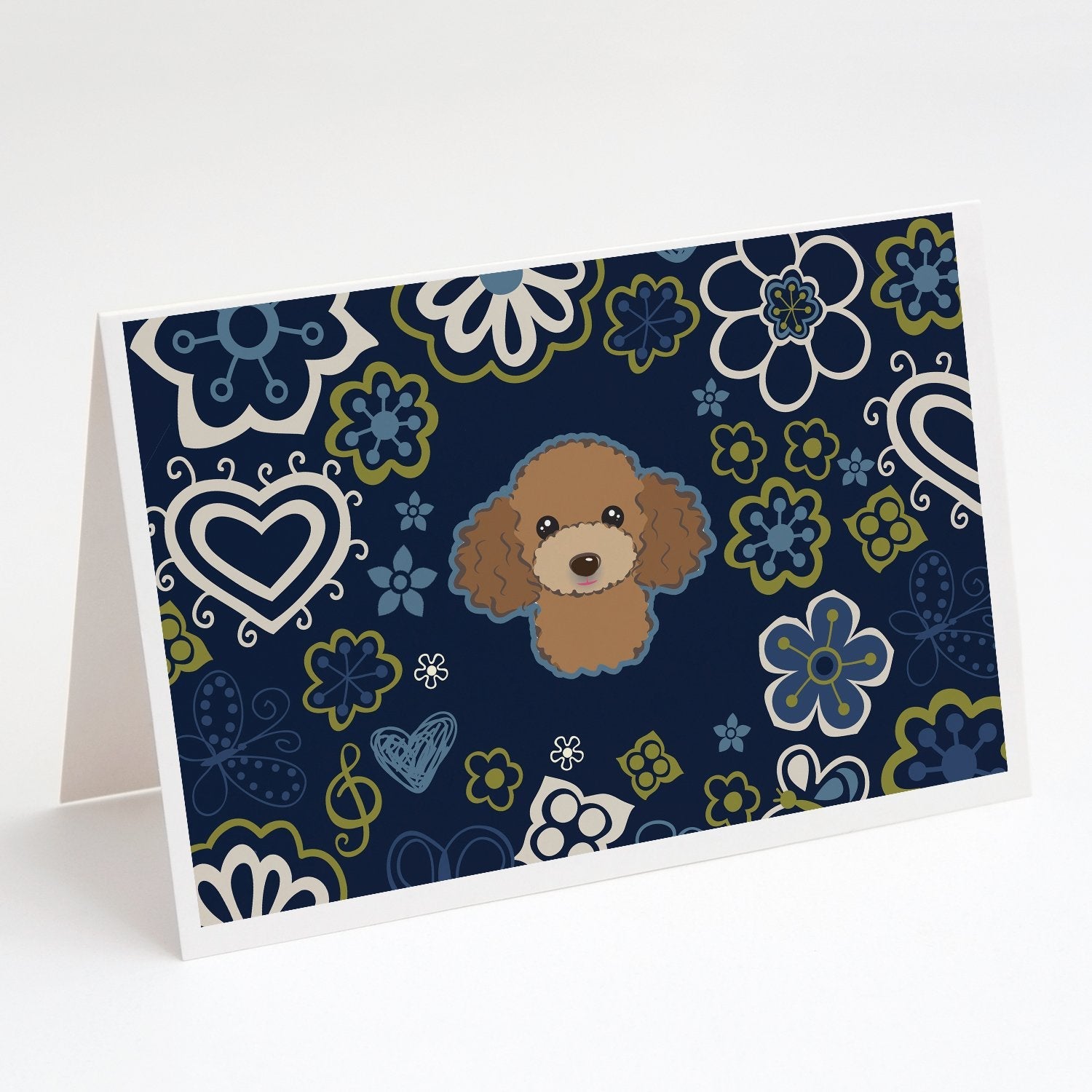 Blue Flowers Chocolate Brown Poodle Greeting Cards Pack of 8 Blank Cards with Envelopes Whimsical A7 Size 5x7