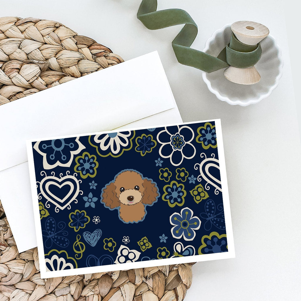Blue Flowers Chocolate Brown Poodle Greeting Cards Pack of 8 Blank Cards with Envelopes Whimsical A7 Size 5x7