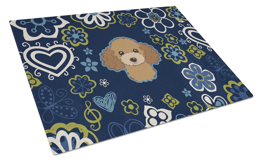 Blue Flowers Chocolate Brown Poodle Cutting Board Tempered Glass Kitchen Cutting Surface, Heat Resistant Chopping, Non-Slip Feet, Food Prep & Serving