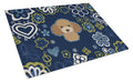 Blue Flowers Chocolate Brown Poodle Cutting Board Tempered Glass Kitchen Cutting Surface, Heat Resistant Chopping, Non-Slip Feet, Food Prep & Serving