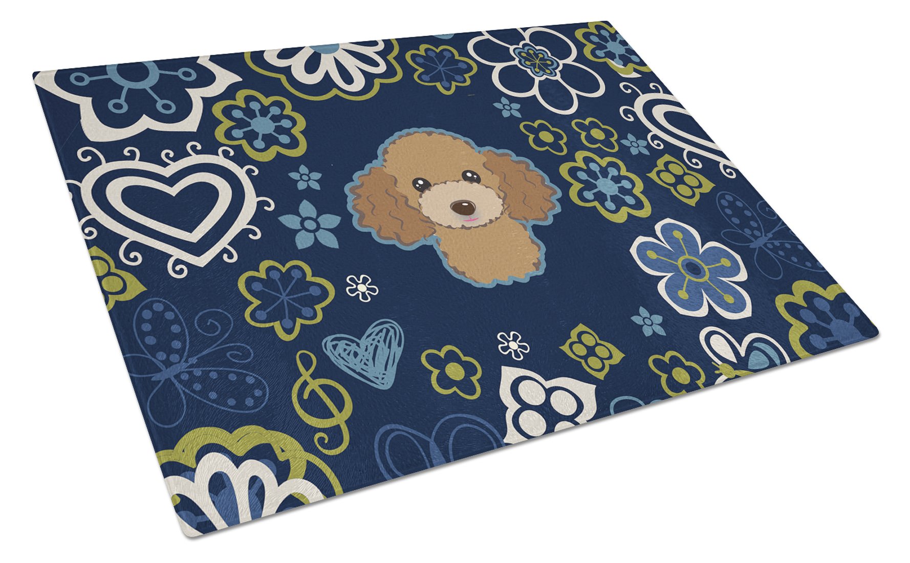 Blue Flowers Chocolate Brown Poodle Cutting Board Tempered Glass Kitchen Cutting Surface, Heat Resistant Chopping, Non-Slip Feet, Food Prep & Serving