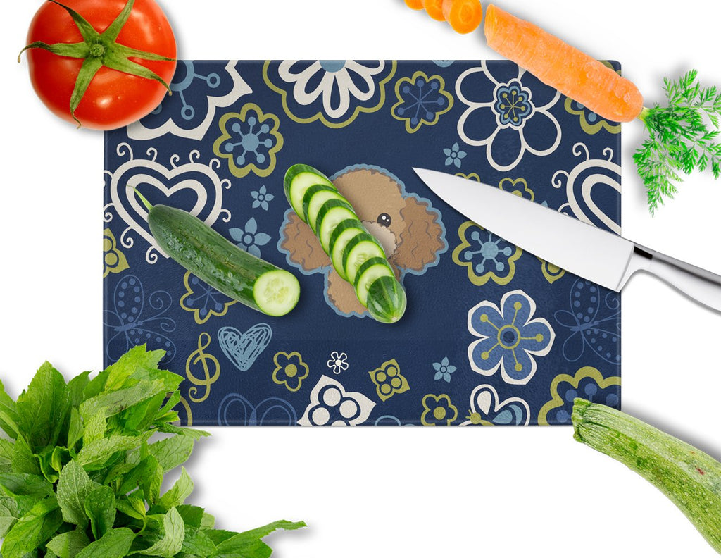 Blue Flowers Chocolate Brown Poodle Cutting Board Tempered Glass Kitchen Cutting Surface, Heat Resistant Chopping, Non-Slip Feet, Food Prep & Serving