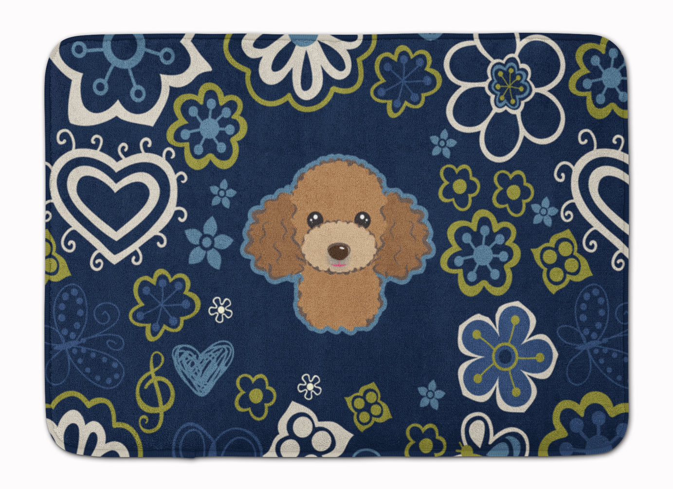Blue Flowers Chocolate Brown Poodle Memory Foam Kitchen Mat Machine Washable Anti-Fatigue Cushion Comfort Bath or Kitchen Rug