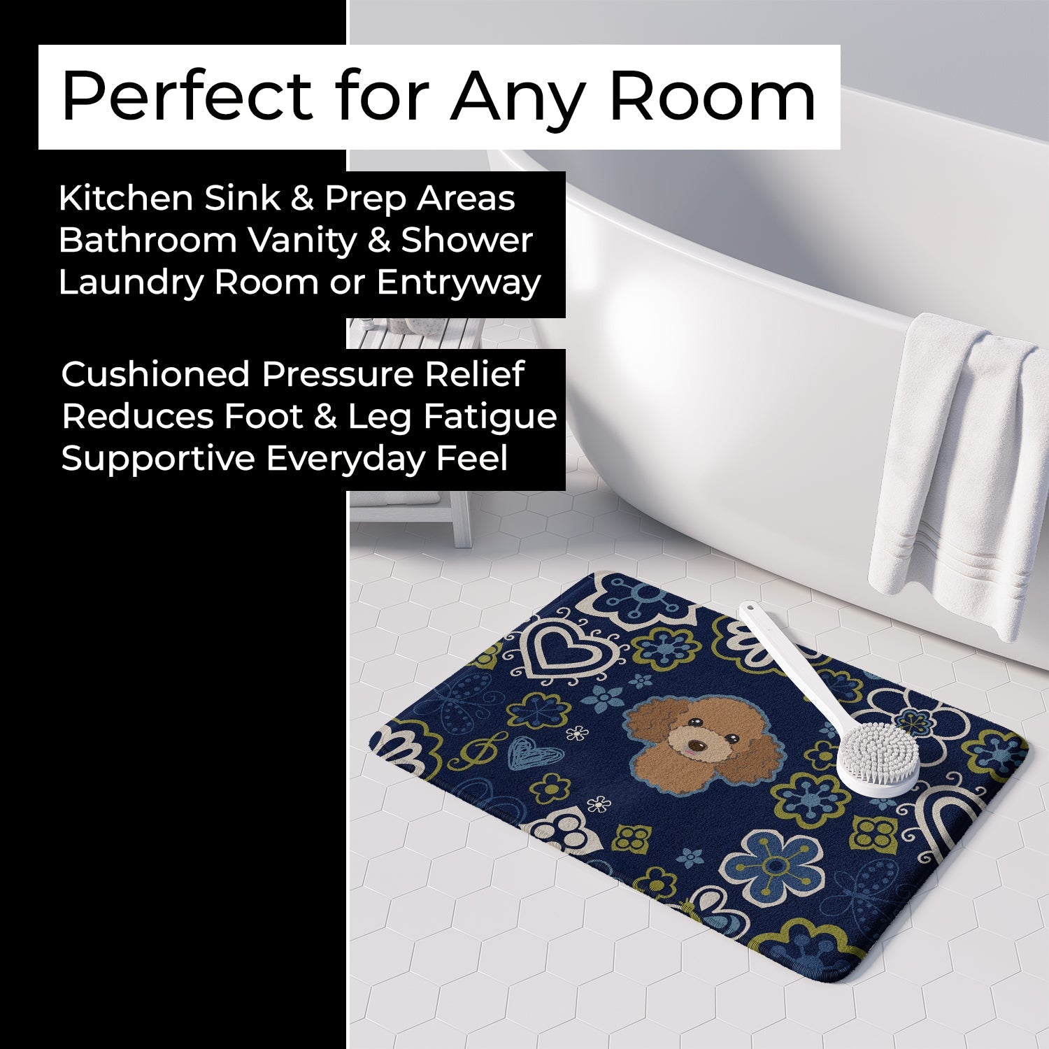 Blue Flowers Chocolate Brown Poodle Memory Foam Kitchen Mat Machine Washable Anti-Fatigue Cushion Comfort Bath or Kitchen Rug