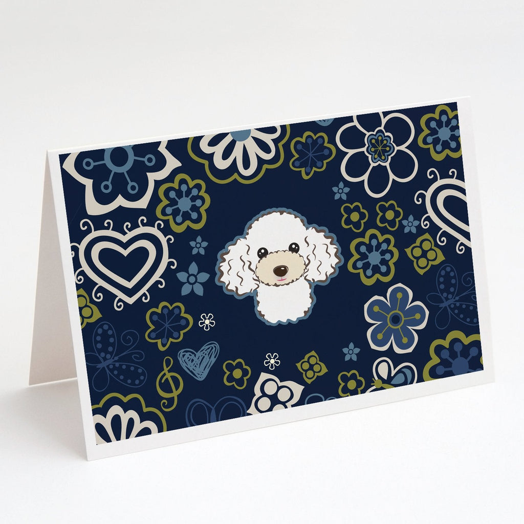Blue Flowers White Poodle Greeting Cards Pack of 8 Blank Cards with Envelopes Whimsical A7 Size 5x7