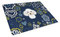 Blue Flowers White Poodle Cutting Board Tempered Glass Kitchen Cutting Surface, Heat Resistant Chopping, Non-Slip Feet, Food Prep & Serving