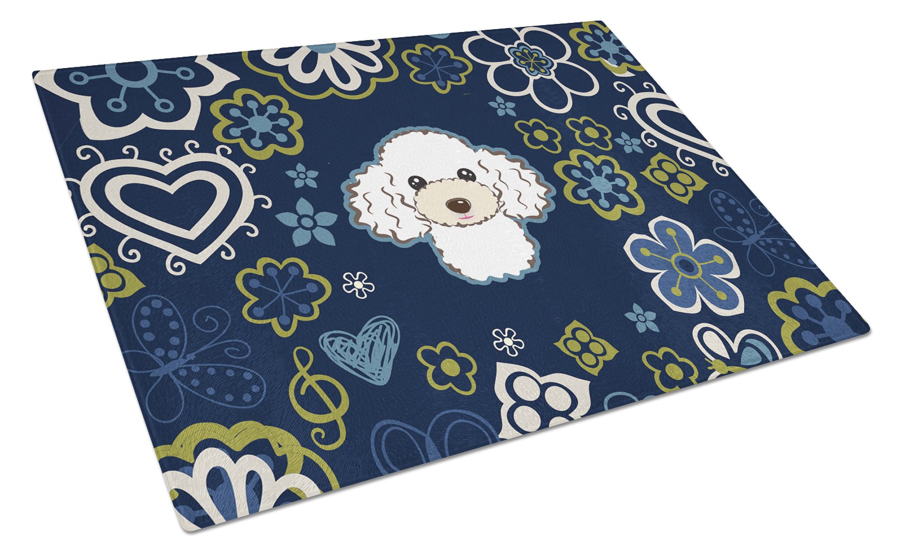 Blue Flowers White Poodle Cutting Board Tempered Glass Kitchen Cutting Surface, Heat Resistant Chopping, Non-Slip Feet, Food Prep & Serving