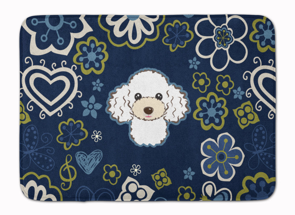 Blue Flowers White Poodle Memory Foam Kitchen Mat Machine Washable Anti-Fatigue Cushion Comfort Bath or Kitchen Rug