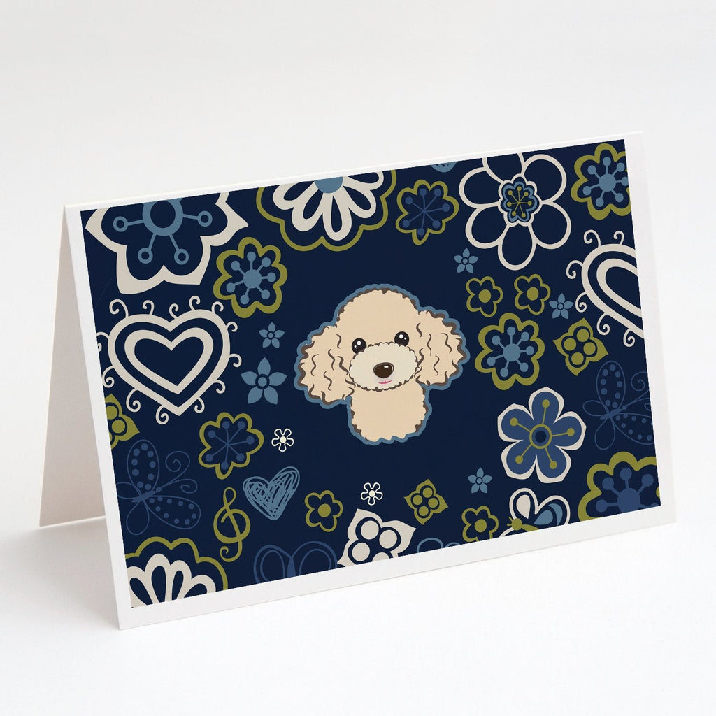 Blue Flowers Buff Poodle Greeting Cards Pack of 8 Blank Cards with Envelopes Whimsical A7 Size 5x7