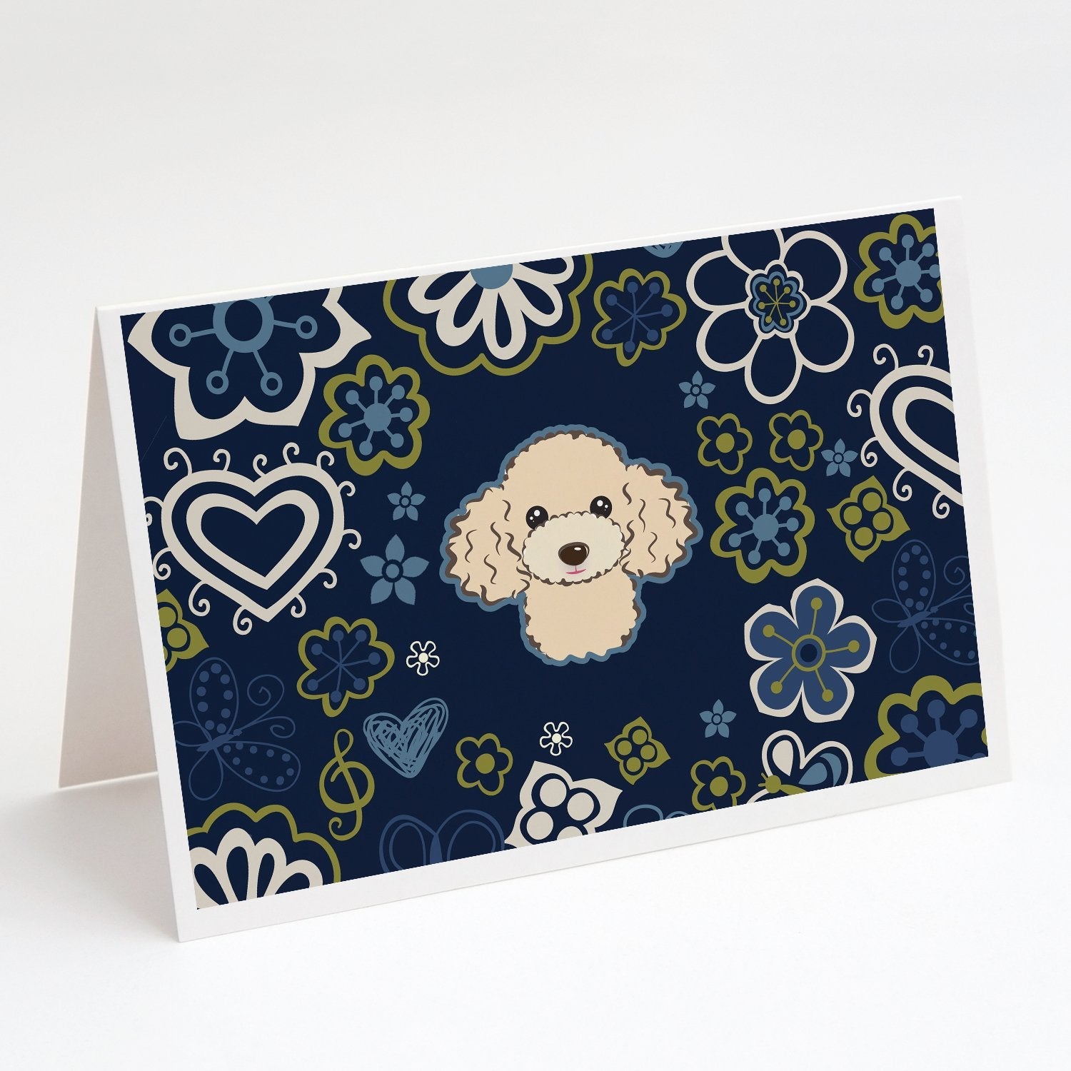 Blue Flowers Buff Poodle Greeting Cards Pack of 8 Blank Cards with Envelopes Whimsical A7 Size 5x7