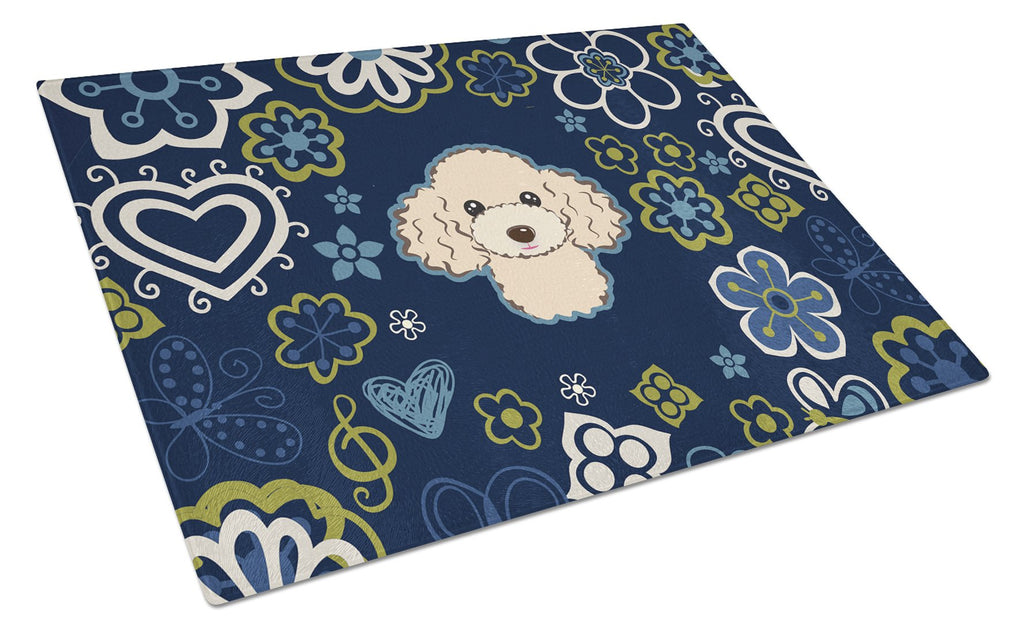 Blue Flowers Buff Poodle Cutting Board Tempered Glass Kitchen Cutting Surface, Heat Resistant Chopping, Non-Slip Feet, Food Prep & Serving