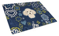 Blue Flowers Buff Poodle Cutting Board Tempered Glass Kitchen Cutting Surface, Heat Resistant Chopping, Non-Slip Feet, Food Prep & Serving