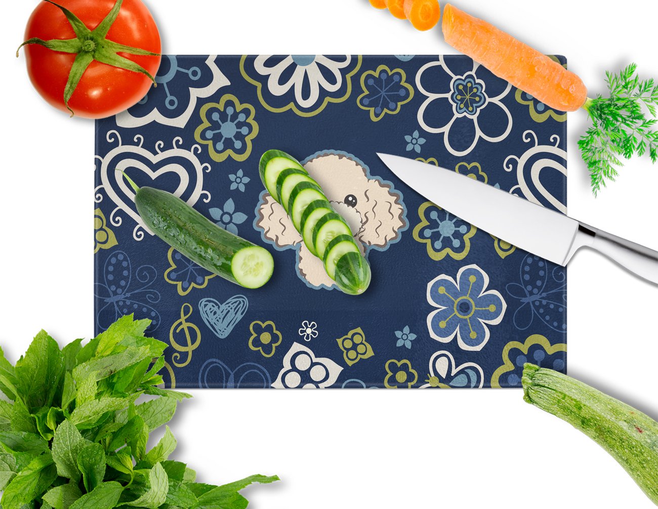 Blue Flowers Buff Poodle Cutting Board Tempered Glass Kitchen Cutting Surface, Heat Resistant Chopping, Non-Slip Feet, Food Prep & Serving