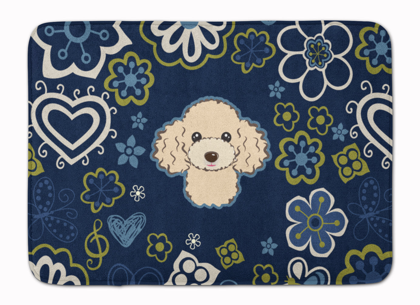 Blue Flowers Buff Poodle Memory Foam Kitchen Mat Machine Washable Anti-Fatigue Cushion Comfort Bath or Kitchen Rug