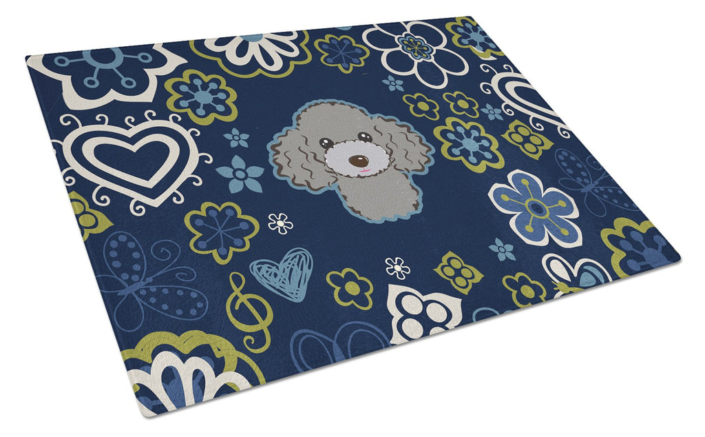 Blue Flowers Silver Gray Poodle Cutting Board Tempered Glass Kitchen Cutting Surface, Heat Resistant Chopping, Non-Slip Feet, Food Prep & Serving