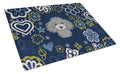 Blue Flowers Silver Gray Poodle Cutting Board Tempered Glass Kitchen Cutting Surface, Heat Resistant Chopping, Non-Slip Feet, Food Prep & Serving