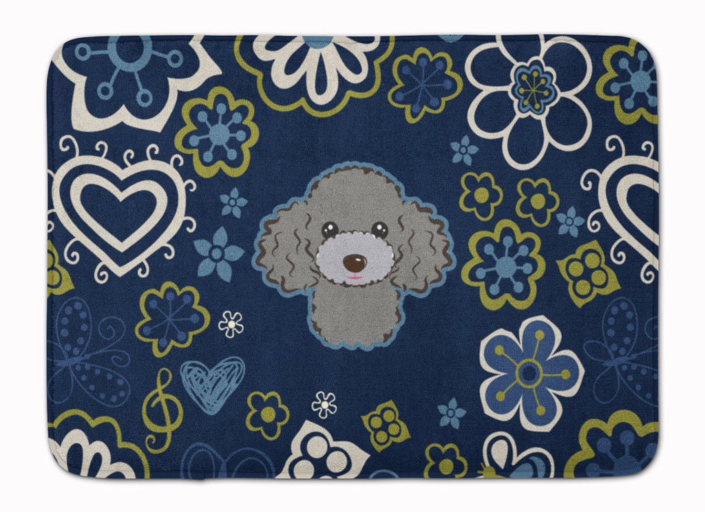 Blue Flowers Silver Gray Poodle Memory Foam Kitchen Mat Machine Washable Anti-Fatigue Cushion Comfort Bath or Kitchen Rug