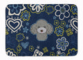 Blue Flowers Silver Gray Poodle Memory Foam Kitchen Mat Machine Washable Anti-Fatigue Cushion Comfort Bath or Kitchen Rug