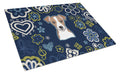 Blue Flowers Jack Russell Terrier Cutting Board Tempered Glass Kitchen Cutting Surface, Heat Resistant Chopping, Non-Slip Feet, Food Prep & Serving