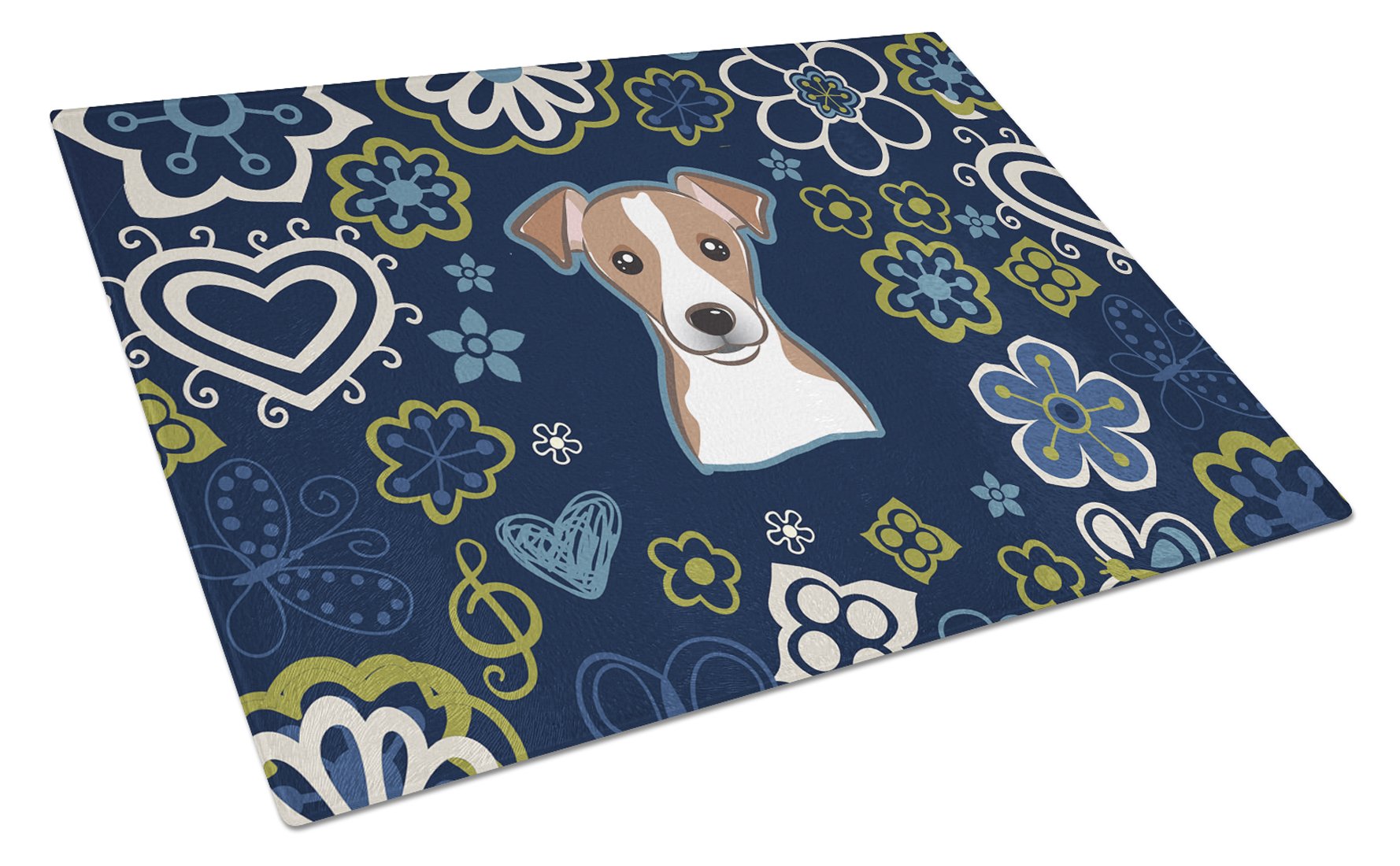 Blue Flowers Jack Russell Terrier Cutting Board Tempered Glass Kitchen Cutting Surface, Heat Resistant Chopping, Non-Slip Feet, Food Prep & Serving