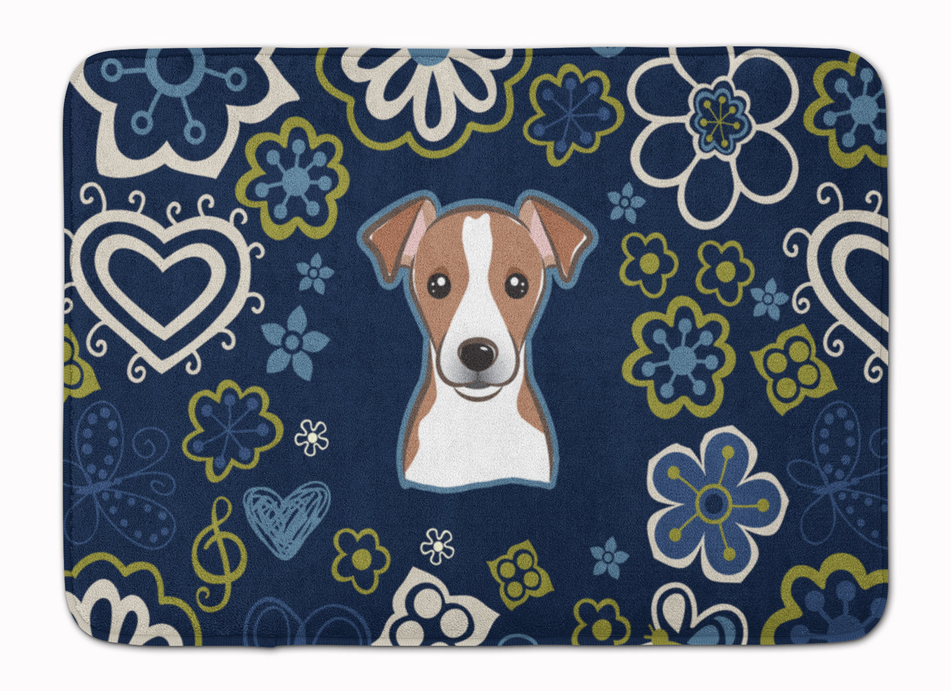 Blue Flowers Jack Russell Terrier Memory Foam Kitchen Mat Machine Washable Anti-Fatigue Cushion Comfort Bath or Kitchen Rug