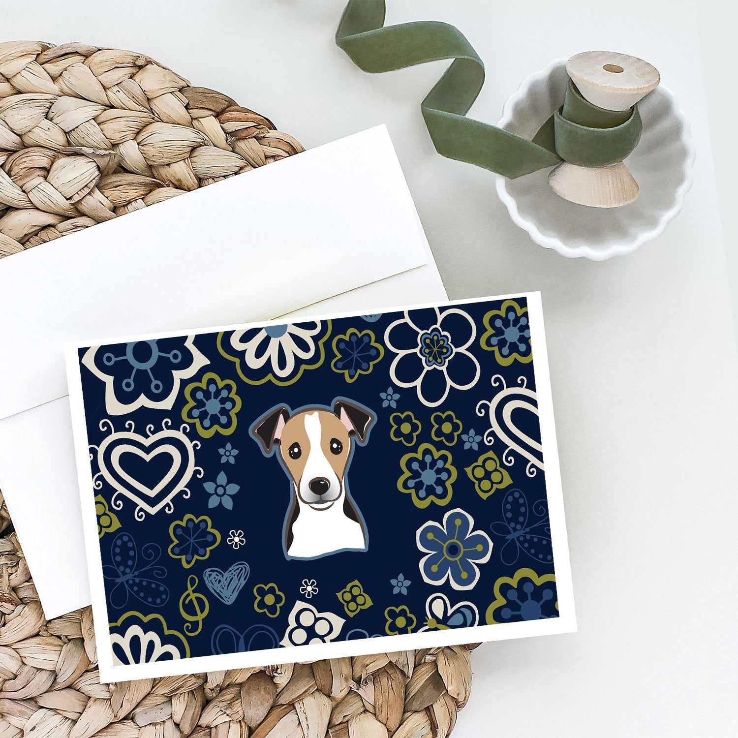 Blue Flowers Jack Russell Terrier Greeting Cards Pack of 8 Blank Cards with Envelopes Whimsical A7 Size 5x7