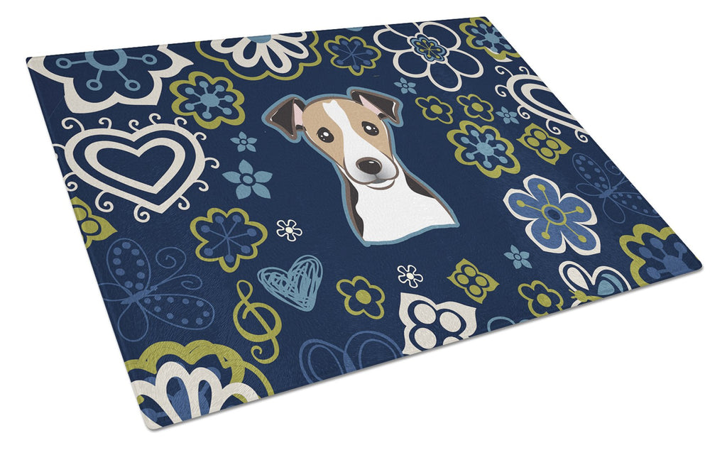 Blue Flowers Jack Russell Terrier Cutting Board Tempered Glass Kitchen Cutting Surface, Heat Resistant Chopping, Non-Slip Feet, Food Prep & Serving